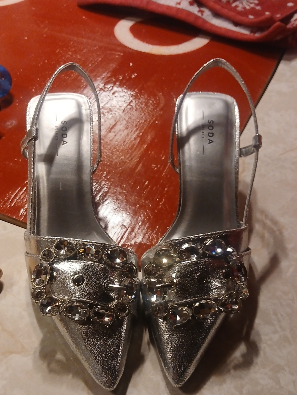 Soda Silver Pointed-Toe Slingback Heels with Crystal Buckle